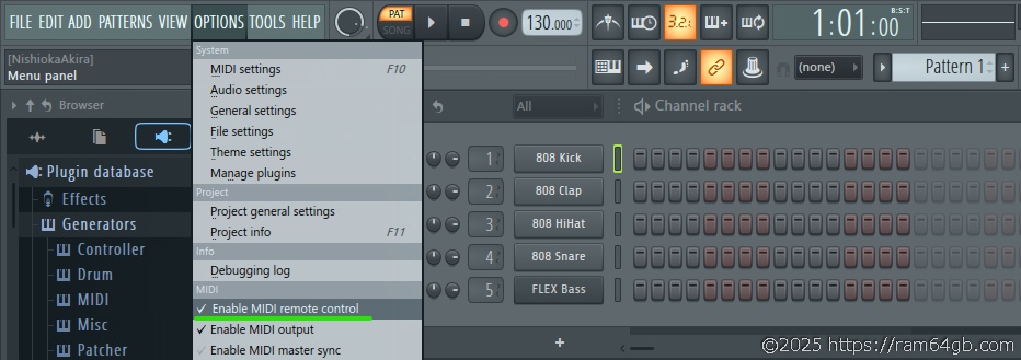 FL STUDIO:OPTIONS > Enable MIDI remote control