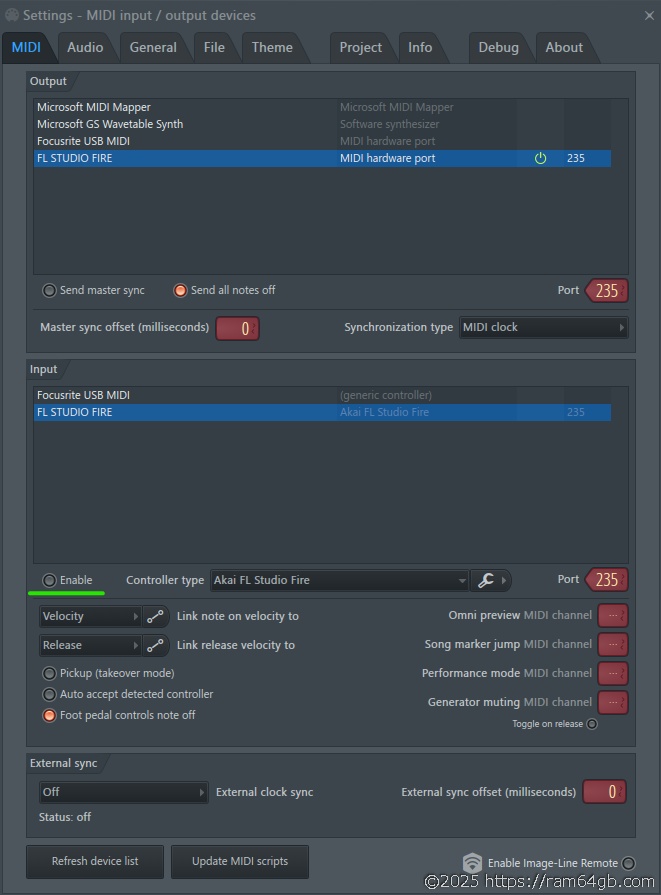 FL STUDIO:OPTIONS > MIDI settings