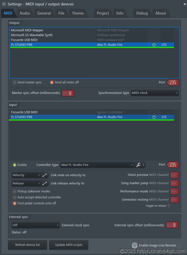 FL STUDIO:OPTIONS > MIDI settings